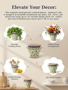 1个手工粗陶复古花盆 | 柠檬和花卉彩绘陶瓷碗，大直径深盆，适合悬挂植物和桌面景观摆放 - 彩色 - 查看 8