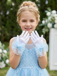 1 Pair 3-10Y Kids Satin Smooth Elastic Blue Bow Gloves, Satin Flower Girl Gloves - Girls Pageant, Ballet Recital, Princess Birthday & Wedding Gloves For Kids (Ultra Soft) - 1Pair - View 7