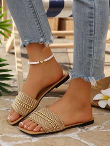 Women's Strap Rhinestone Decorated Sandals, Casual Versatile Outdoor Plastic Flat Slippers - Brown - View 5