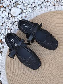 Giày búp bê đế bằng cỡ lớn dành cho nữ, kiểu dáng thời trang, thoải mái, có nơ trang trí, màu trơn, thoáng khí, chất liệu lưới phối hợp, thích hợp cho tiệc tùng, họp mặt, lễ Phục sinh, Ngày Quốc tế Phụ nữ. - màu đen - Xem 3