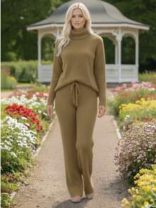 Cacharrel Mousse Knit Turtleneck Top And Trousers Set - Chocolate Brown - View 1