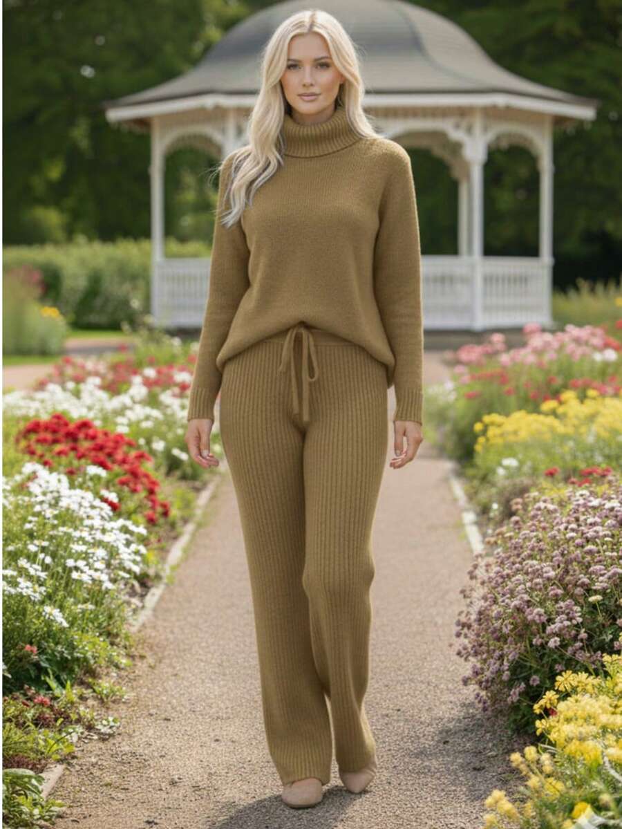 Cacharrel Mousse Knit Turtleneck Top And Trousers Set - Chocolate Brown - View 1
