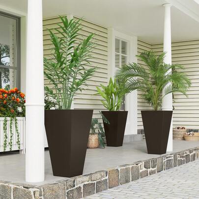 Outsunny 28" Tall Planters For Outdoor Plants With Drainage Hole, Set Of 3 Taper Indoor Outdoor Planters, Large Plastic Garden Flower Pots For Porch, Patio, Yard, Brown
