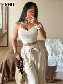 RNU Women's Apricot Elegant Gathered Bra Cup Bowknot Camisole Top, Paired With Elastic Waist Straight Leg Pants, 2-Piece Casual Outfit Suitable For Holiday, Beach, Valentine's Day, Commute, Office, Spring/Summer Wear