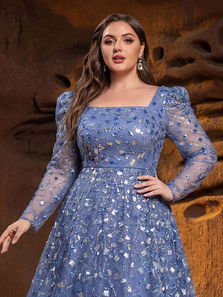 Faeriesty Abendkleid für Große Größen Damen mit langen Ärmeln, aufwendiger Tüllrock mit Volants, verziert mit Pailletten und bestickter Perlenarbeit, elegante A-Linie Silhouette, geeignet für formelle Abendessen, Galas, Hochzeiten, rote Teppich Events, Frühlingsfeste