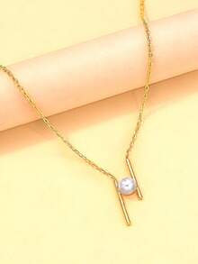 1pc New Geometric Vertical Striped Pearl Necklace, Fashionable Luxury Pendant Dainty Choker Necklace For Women - Gold - View 5