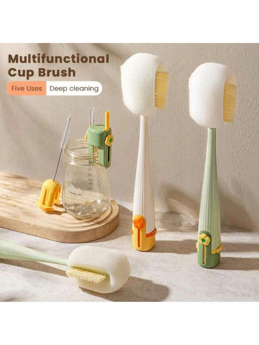 5-In-1 Multifunctional Bottle Cleaning Brush Set - With Straw Cleaner & Extra Sponge Heads, Perfect For Baby Bottles, Coffee Cups, Mugs, Tumblers & Reusable Water Bottles - 黃色 - 查看 1