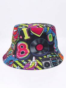 1顶磁带波普艺术眼睛印花涤纶双面渔夫帽，复古派对街头风，防紫外线，春夏复古迪斯科收音机装饰，男女通用 - 彩色 - 查看 13