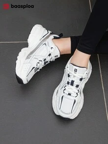 baasploa 女士网面跑步鞋，新款春秋季透气厚底增高运动鞋，轻便休闲鞋，复古风，减震防滑耐磨软底步行鞋，女士时尚多功能跑步训练鞋，女士网球鞋 - 白色 - 查看 5