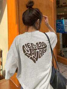 日系女式宽松圆领休闲百搭字母爱心印花短袖T恤，春夏款 - 淺花灰 - 查看 2