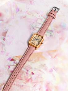 1件 LUCKYFOX 锌合金复古石英方形表盘真皮表带手表，休闲时尚，适合年轻人和学生日常佩戴 - 粉色 - 查看 4