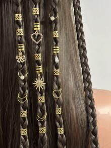 46pcs/Set Braided Moon & Star Hair Clips, Fashion Personalized Hair Accessories, Braid Decor Metal Pendant, Y2K Party Punk Gift, Suitable For Girls, Great For Prom, Music Festival, Party Hair Decorations, Gold Metal Accessories, Gift, Travel, Girl Gift, Hair Clips, Party Costume - Gold - View 1