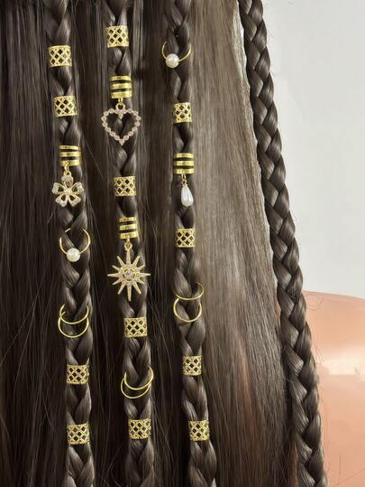 46pcs/Set Braided Moon & Star Hair Clips, Fashion Personalized Hair Accessories, Braid Decor Metal Pendant, Y2K Party Punk Gift, Suitable For Girls, Great For Prom, Music Festival, Party Hair Decorations, Gold Metal Accessories, Gift, Travel, Girl Gift, Hair Clips, Party Costume