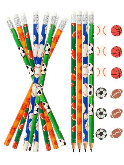 12/24pcs Football Theme Party Favors, Fun Football, Basketball, Rugby, Baseball Shaped Pencils And Erasers Set, Suitable For Theme Parties, Rewards, Birthday Parties, Office Supplies And More