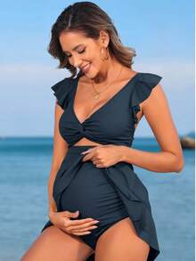 Maternity Solid Color Twist Design Flutter Sleeve One-Piece Swimsuit - Royal Blue - View 3