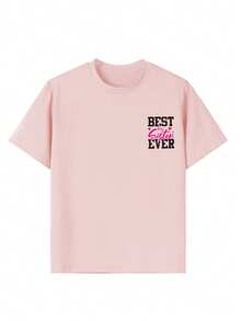 Young Girl Casual Graphic Print Crew Neck Short Sleeve T-Shirt, Summer Top - Pink - View 3