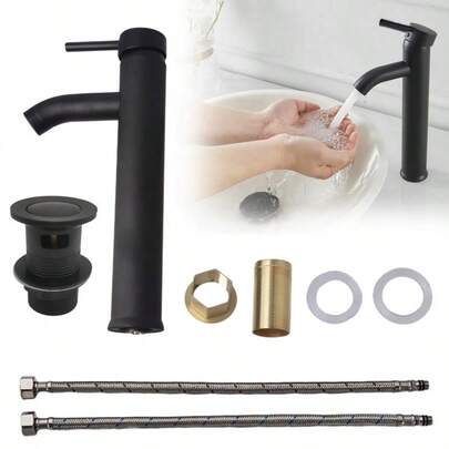 Tall Black Bathroom Basin Sink Tap Mono Mixer Round Modern Faucet + Waste