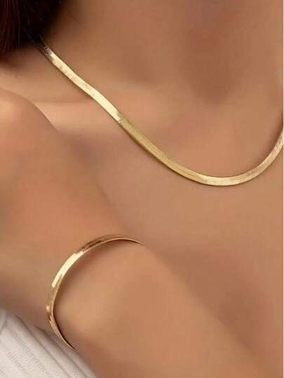 1 Set Stainless Steel Jewelry, Featuring Vintage & Minimalist Snake Bone Chain Design (Includes Necklace And Bracelet), Smooth Lines, Delicate And Sharp, Each Chain Link Reflects Exquisite Luster. Suitable For Women To Wear For Fashionable Commute Or Daily Outings. Necklace And Bracelet Set With Gold-Plated Rhombus Patterned Snake Bone Chain, Eternal Love Necklace And Bracelet Set, Christmas Gift, Birthday Gift, Holiday Gift, Perfect Gift For Girlfriends