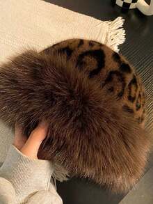 1 Women's Leopard Print Knitted Hat, Mongolian Warm Thickened Wool Hat, Suitable For Daily Wear, Outdoor Travel, Hiking, Beach Vacation - 棕色 - 查看 2