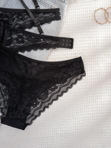 1套女士蕾丝拼接钢圈文胸和内裤套装 - 黑色 - 查看 6