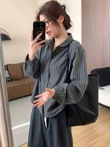 女士时尚条纹长袖纽扣前开襟涤纶衬衫，带领，春季款 - 灰色 - 查看 5