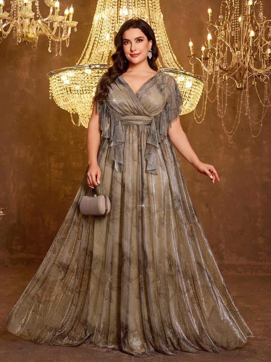 UNITHORSE [随机印花] 女士V领荷叶袖修身露背网纱晚礼服 - 棕色 - 查看 1