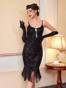 1920s Fringe Sequin Flapper Dress Set - Black - View 3