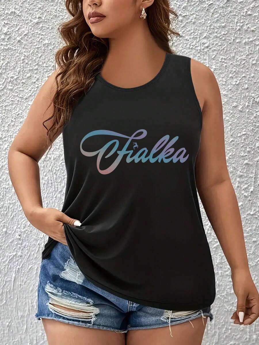 Plus Size - One Piece Large Size Women'S Vest With Falka Art Font  Crew Neck, Alphabet Print, Casual Style, Slight Stretch Fabric For SpringSummerFall - 黑色 - 查看 1