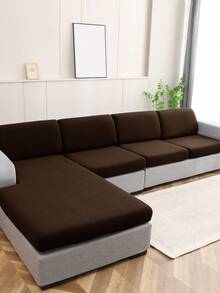 1pc Solid Color High Elastic Removable & Machine Washable Waterproof Sofa Seat Cushion Cover, Suitable For Living Room Polyester Sofa Seat & Back Cover - Coffee Brown - View 4