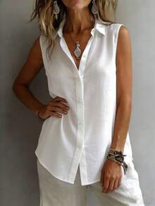 时尚无袖翻领衬衫女款，百搭宽松休闲通勤背心，纯色纽扣前襟，日常穿着白色夏季款 - 白色 - 查看 3