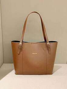 Fashionable Solid Color Large Capacity Shoulder Tote Bag With Unique Design - Coffee Brown - View 1
