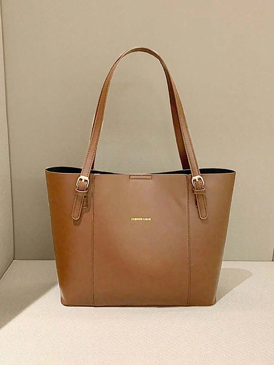Fashionable Solid Color Large Capacity Shoulder Tote Bag With Unique Design - Coffee Brown - View 1