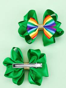 2pcs Green Hair Bows For Girls Rainbow Stripes Fabric Bow Decor Hairpins Alligator Clips Lucky Holiday Barrettes Girls Hair Ornaments Headpieces St. Patrick's Day Hair Accessories - Multicolor - View 5