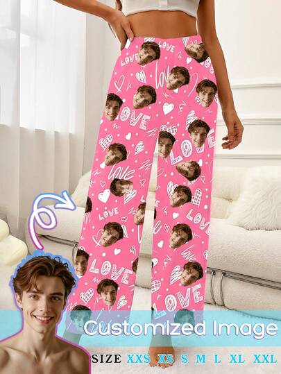 1 pieza Pantalones casuales de ajuste holgado con retrato personalizado para mujer - Ropa de estar cómoda adecuada para el hogar, el Día de San Valentín, el cumpleaños, el aniversario, regalo romántico, ropa de estar en casa casual
