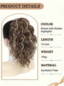 Tóc giả đuôi ngựa dài 12 inch, kiểu tóc xoăn, kẹp càng cua, dây rút (màu nâu điểm xuyết vàng), phụ kiện tóc dành cho nữ, sợi tổng hợp . - Màu nâu highlight - Xem 2