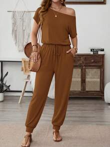 Women's Loose Solid Off Shoulder Elastic Waist Stretchy Long Romper Jumpsuit - 棕色 - 查看 2