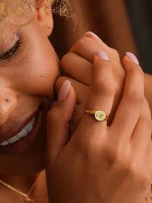 1pc Gold Plated Signet Ring, Engraved Delicate Ring, Gold Stamp Ring, Letter Jewelry, Gift For Her Or Him - Yellow - View 5