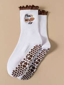 1 Pair Women's Coffee Pilates Non-Slip Yoga Sports Socks With Cartoon Letter Pattern Dots - Coffee Brown - View 3