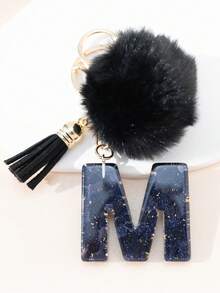 A Night Sky Star Moon English Initial Resin Keychain, Black Hairball Heart Door Buckle Hanging Decoration Tassel Decoration Design, Suitable For Bag Chains, Mobile Phone Hanging Chains, Keychains, And Gifts For Friends And Mothers - Black - View 19