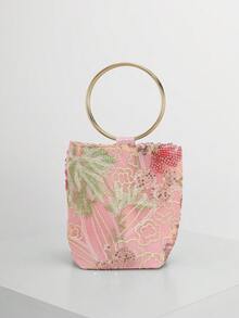 Bolso de mano cruzado elegante y brillante con parches de hojas y flores multicolor, bolso cuadrado mini vintage con cadena, adecuado para fiestas, estudiantes universitarias, mujeres de car - Rosa Fucsia - Ver 6