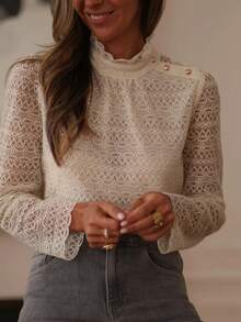 Women's Spring/Summer Lace Sheer Ruffled Hem Long Sleeve Blouse, Elegant Ladies Shirt, Stand Collar Button Design Lace Top, Best Choice For Outings, Fashionable Women's Vacation & Daily Wear - Apricot - View 6