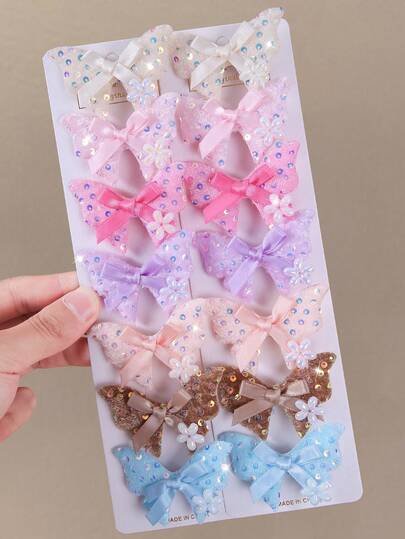 7pcs/Set Girls Colorful Sequin Fabric Butterfly Hair Clips, Minimalist Side Bangs Clips, Simple & Versatile, Suitable For Daily Use And Back To School