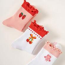 I Pair Ruffle Edge Yoga Pilates 女士棉质防滑袜，带有水果爱心印花。 - 彩色 - 查看 4