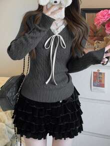 Spring Patchwork 2 In 1 Textured Knit Sweater, Red Color - Dark Grey - View 3