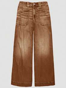 蓝色高腰直筒牛仔裤，弹力修身宽松阔腿拖地裤，秋冬款 - 咖啡棕 - 查看 5