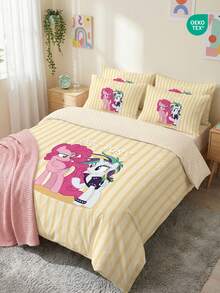 MY LITTLE PONY 2/3件套小马宝莉床上用品套装，可爱卡通图案，透气亲肤，柔软抗起球，家用纺织品，房间装饰，包含1个被套和1/2个枕套，不含被芯，适用于单人床/双人床/大号床/特大号床，四季皆宜，可机洗，优雅礼品，黄色 - 彩色 - 查看 6