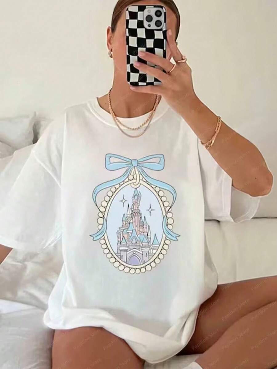 100% Cotton Comfortable Color Main Castle T-Shirt | Magic Kingdom Retro Tops, Family Vacation, Print Pattern, All-Season, Regular Fit - 白色 - 查看 1