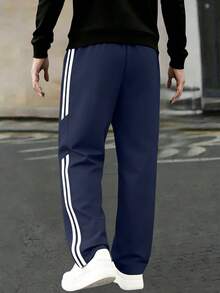 1pc Men's Loose Fit Casual Sweatpants, Suitable For Daily Commute, Sports Training, Running, Outdoor, Hiking, Fitness, Jogging, Workout, Versatile Straight Leg Striped Pants, Spring/Autumn - Royal Blue - View 3