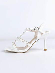 Chic Strap Metal Decor Pointed Toe Stiletto Heel Party Sandals - White - View 6