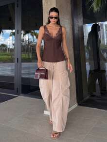 HH 2026 New Elegant Contrast Lace Camisole Tank Top, Sexy Sleeveless Vintage Blouse, Fashionable Slimming Street Style Clothing For Women Casual - Màu nâu  Mocha - Xem 3